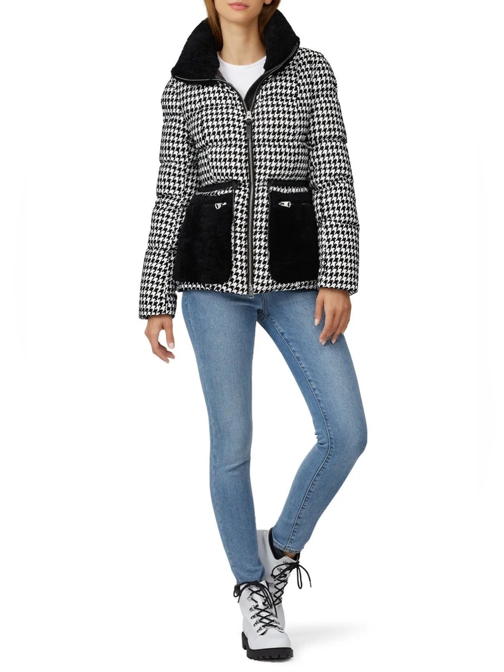 Mackage Elise Shearling Trim Houndstooth Black White Down Puffer Sz S Women’s